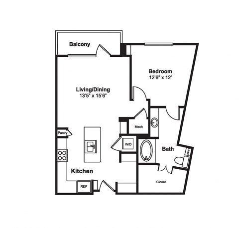 Floor plan for 1 bed, 1 bath, 862 sqft